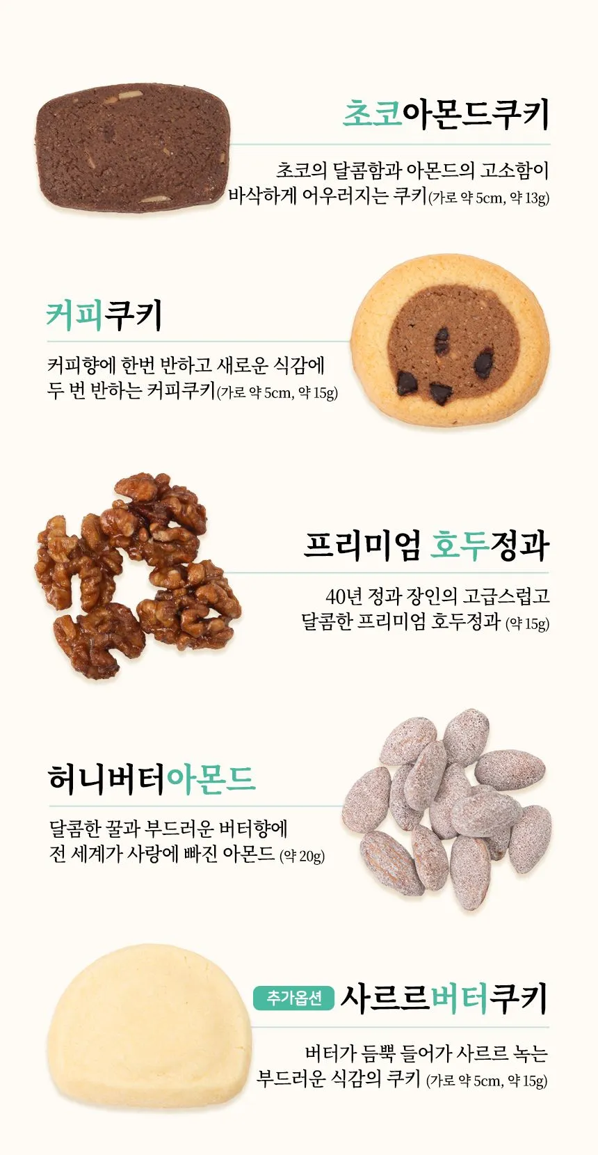 블루프롬더플래닛 쿠키 답례품에 들어가는 초코아몬드쿠키, 커피쿠키, 프리미엄 호두정과, 허니버터아몬드, 사르르버터쿠키 각각의 클로즈업 사진