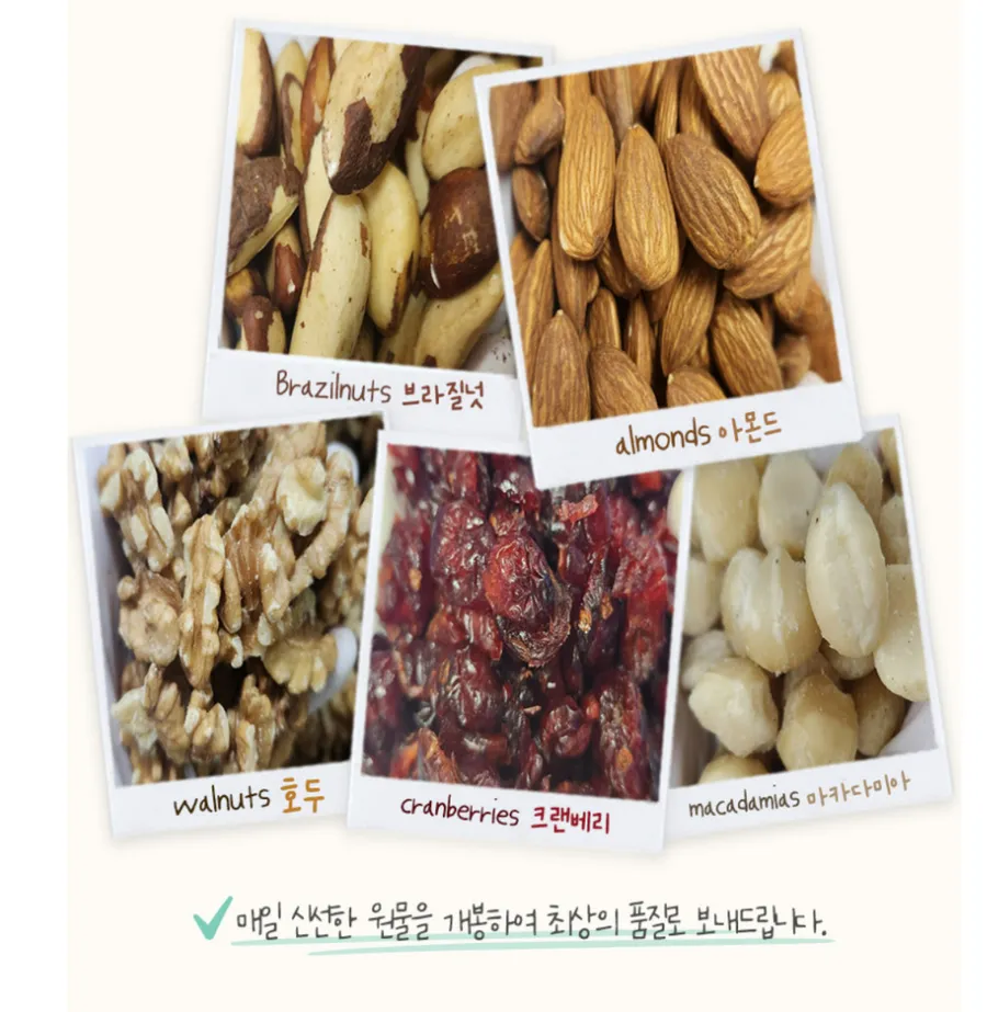 브라질넛, 아몬드, 호두, 크랜베리, 마카다미아 원물 클로즈업 사진 5장